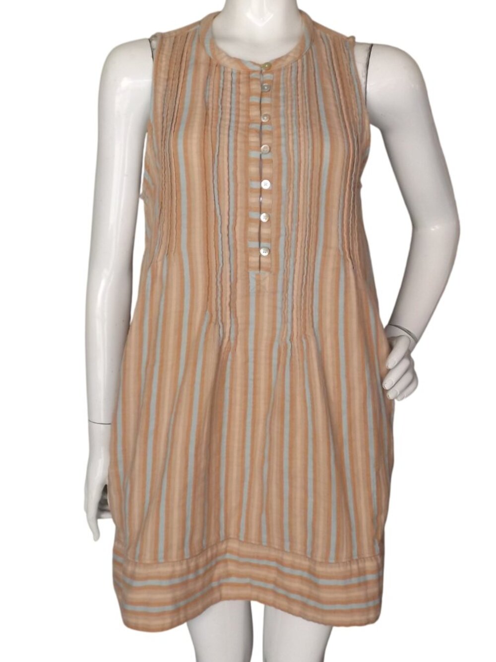 FAHERTY Mini Dress, L, Beach Stripe, Sleeveless, Pintuck pleat bib, Pockets